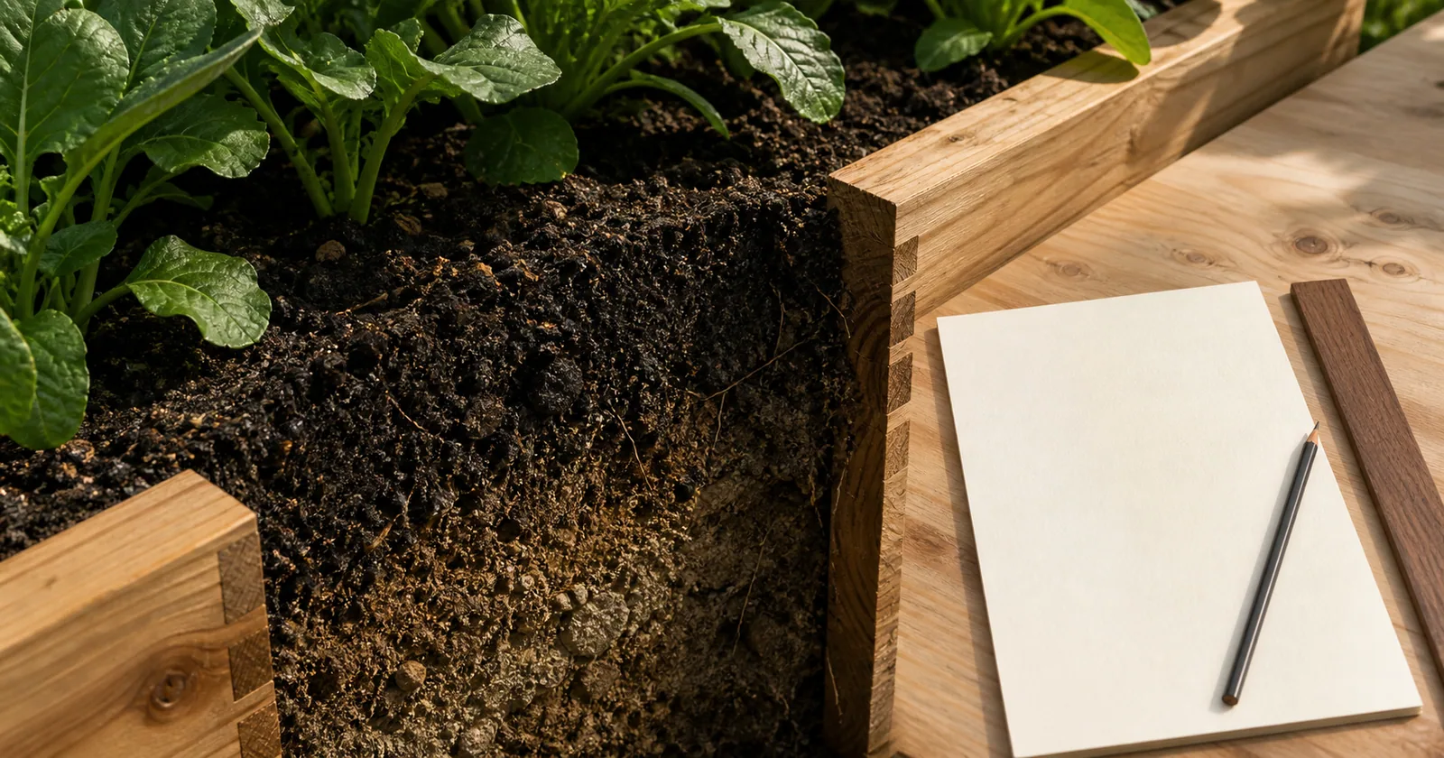 A cedar garden bed beside a blank field notebook, pencil, ruler, leaves, and exposed soil