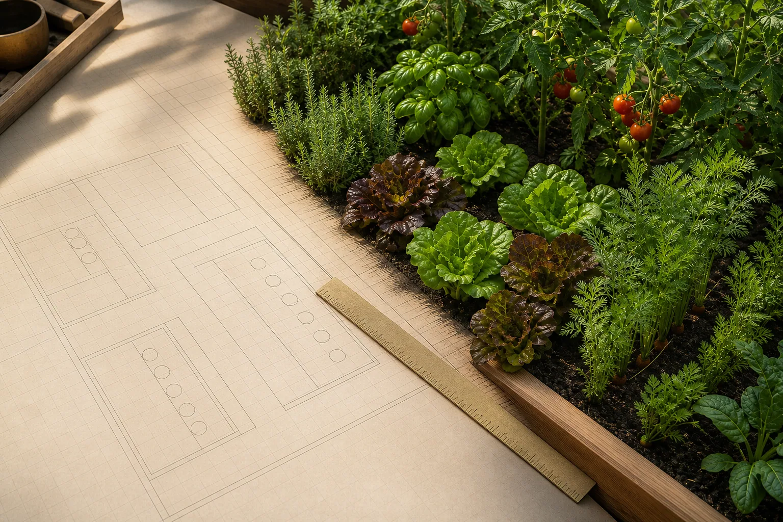 A measured garden plan transitioning into a planted cedar raised bed