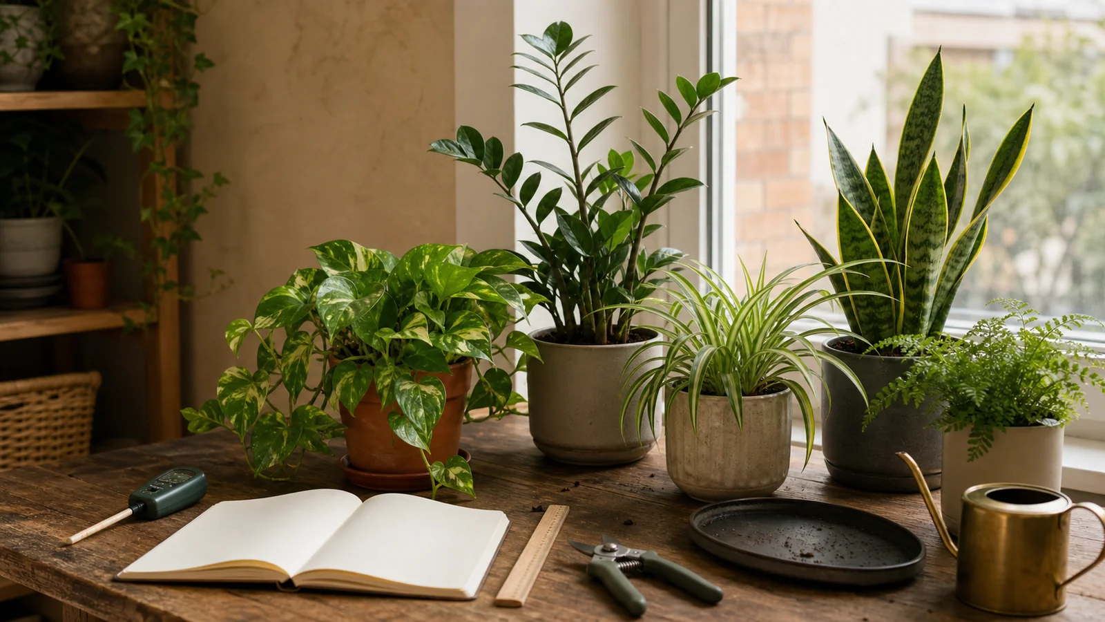 Houseplants on an observation desk with a blank care notebook, ruler, moisture probe, shears, draining tray, and watering can
