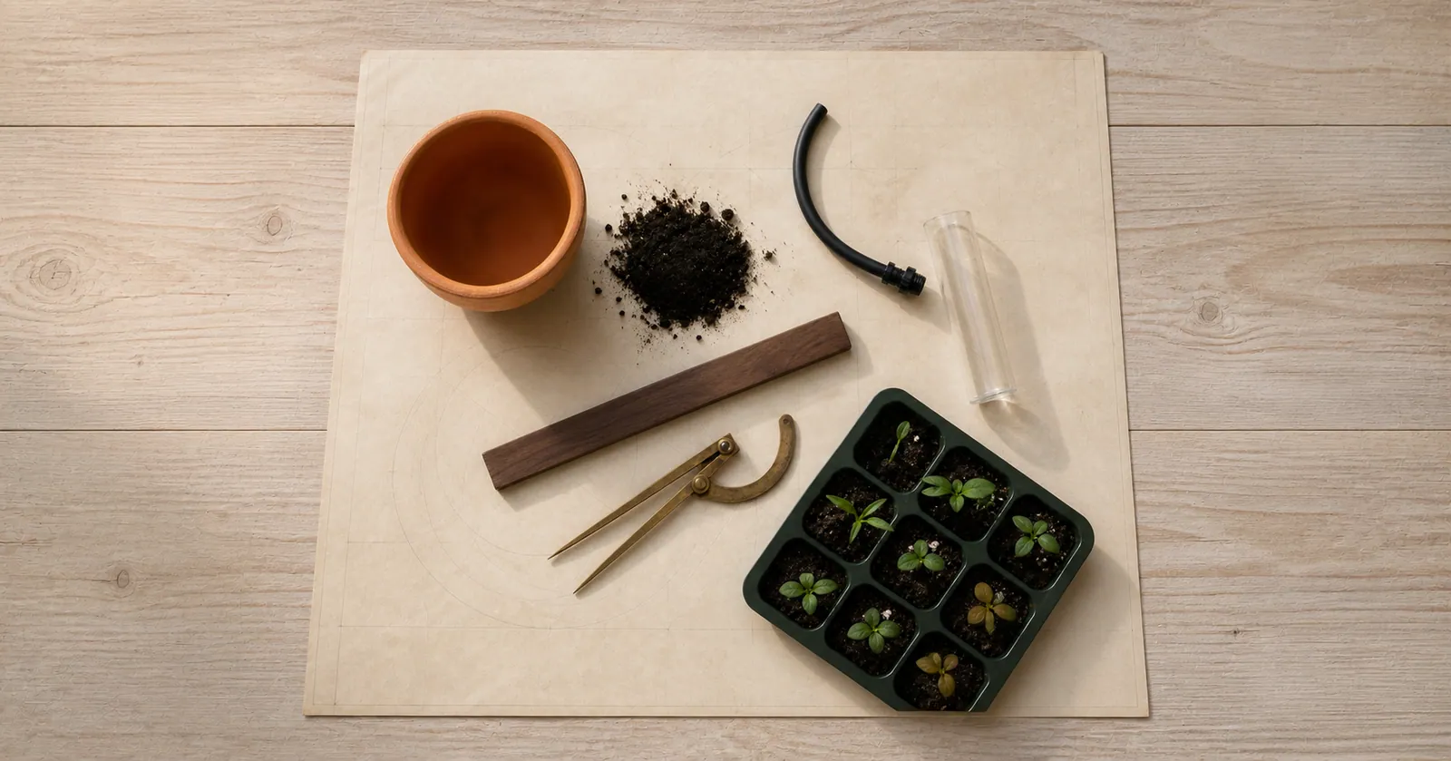 Garden measuring tools arranged with soil, pots, irrigation parts, and seed-starting supplies